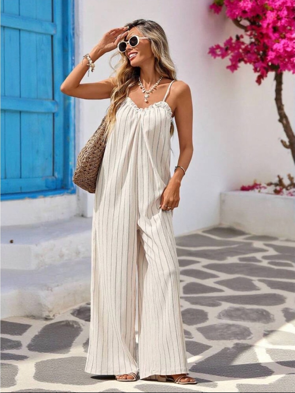 Cream Stripe Wide-Leg Jumpsuit with Spaghetti Straps